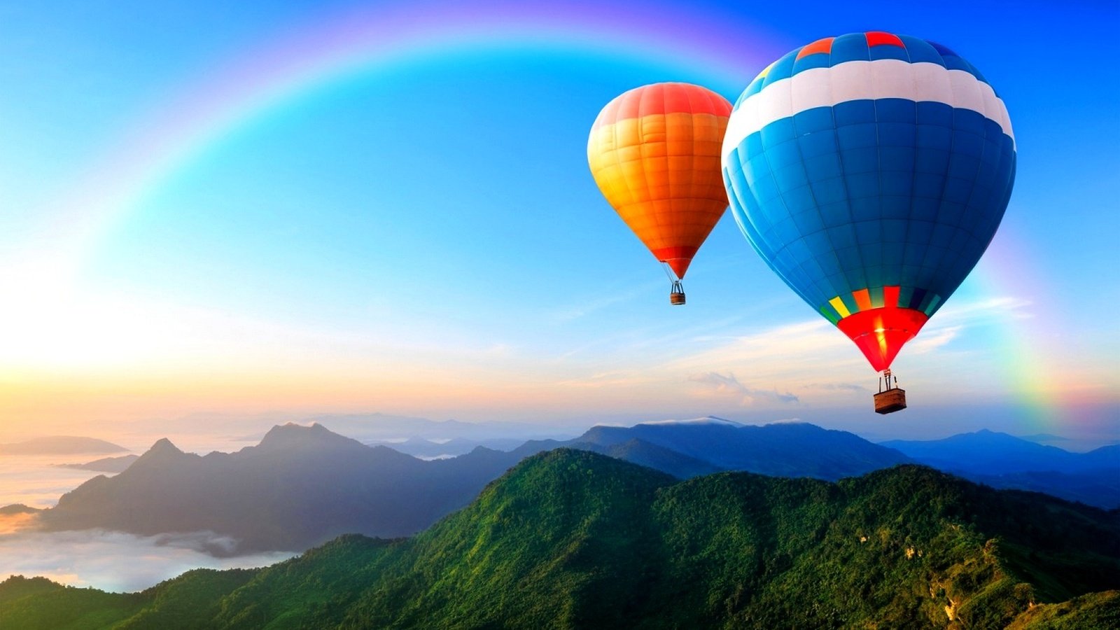 Обои небо, горы, радуга, воздушный шар, the sky, mountains, rainbow, balloon разрешение 1920x1200 Загрузить