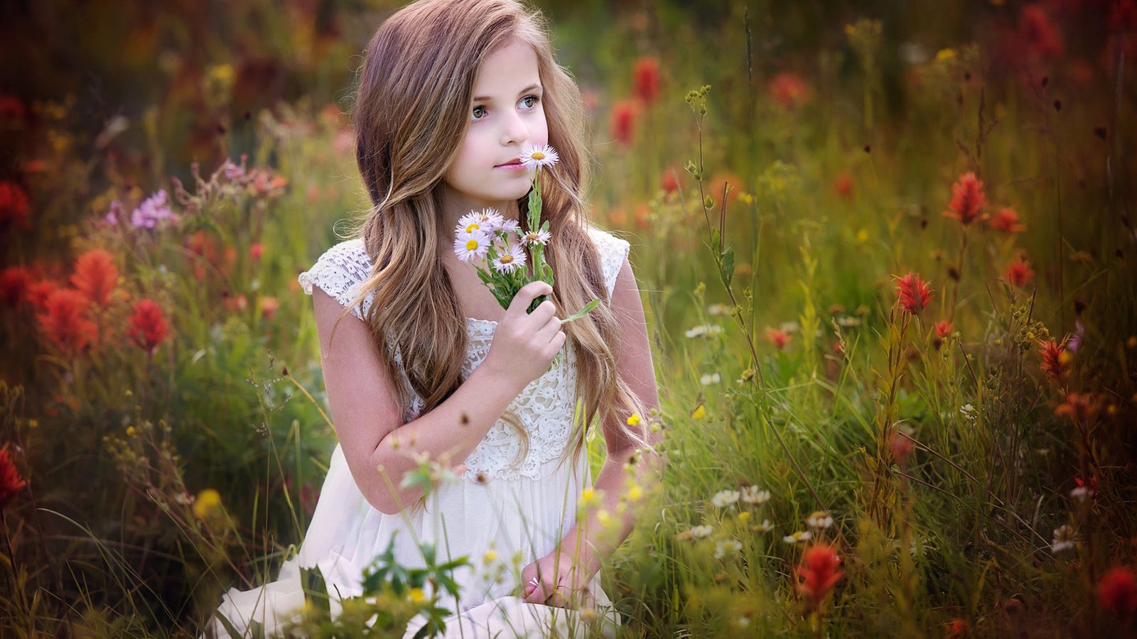 Обои цветы, настроение, девочка, ребенок, полевые цветы, flowers, mood, girl, child, wildflowers разрешение 1920x1200 Загрузить