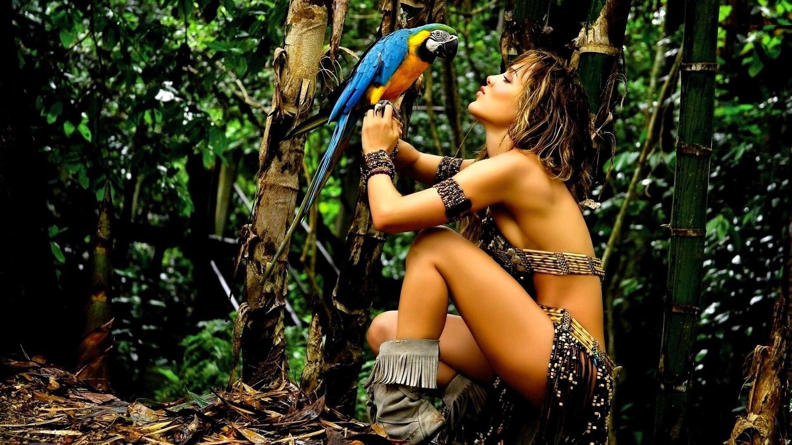 Обои природа, девушка, модель, птица, тропики, попугай, амазонка, nature, girl, model, bird, tropics, parrot, amazon разрешение 1920x1080 Загрузить