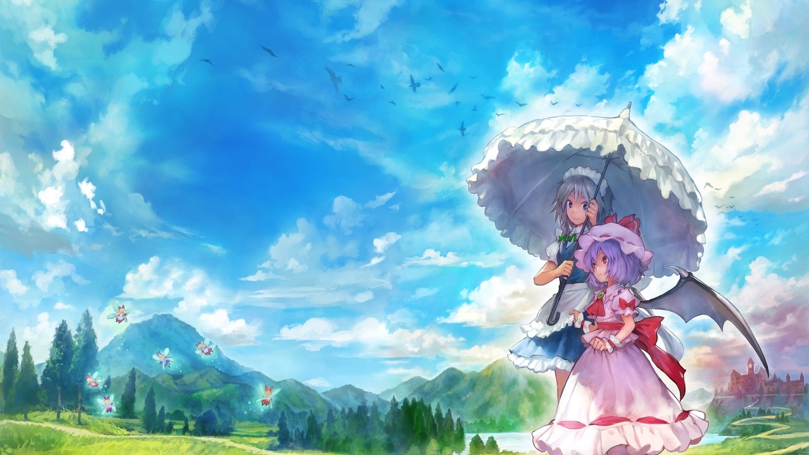 Обои трава, облака, платье, аниме, девушки, зонт, grass, clouds, dress, anime, girls, umbrella разрешение 2560x1925 Загрузить