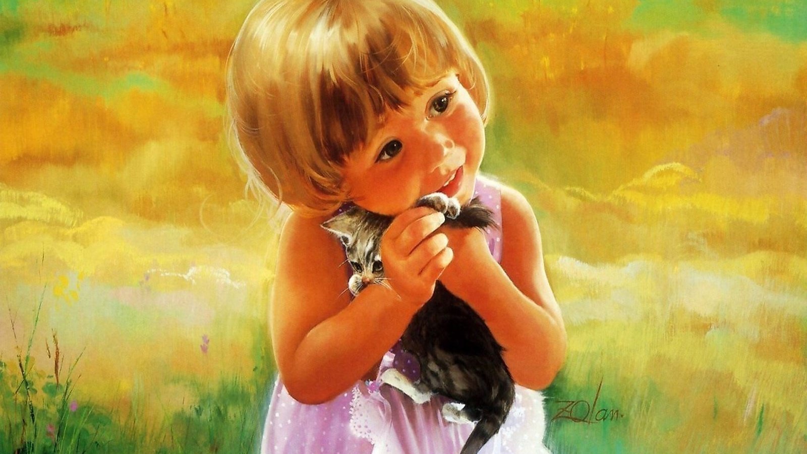 Обои арт, котенок, девочка, луг, дональд золан, art, kitty, girl, meadow, donald zolan разрешение 1920x1442 Загрузить