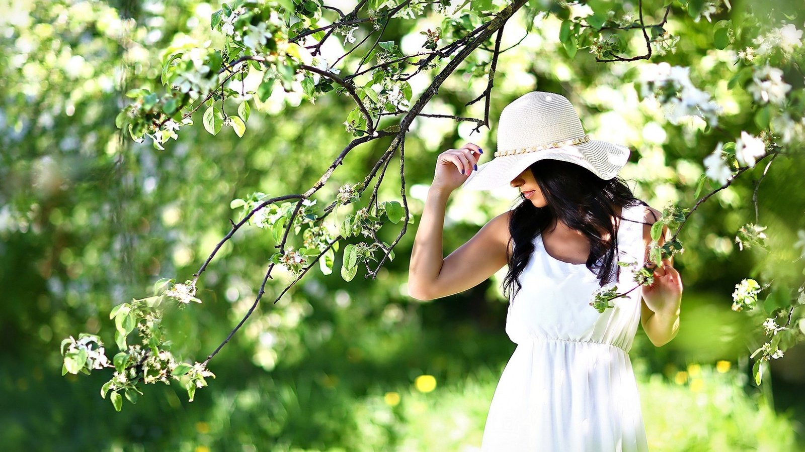 Обои девушка, сад, шляпа, белое платье, girl, garden, hat, white dress разрешение 1920x1200 Загрузить