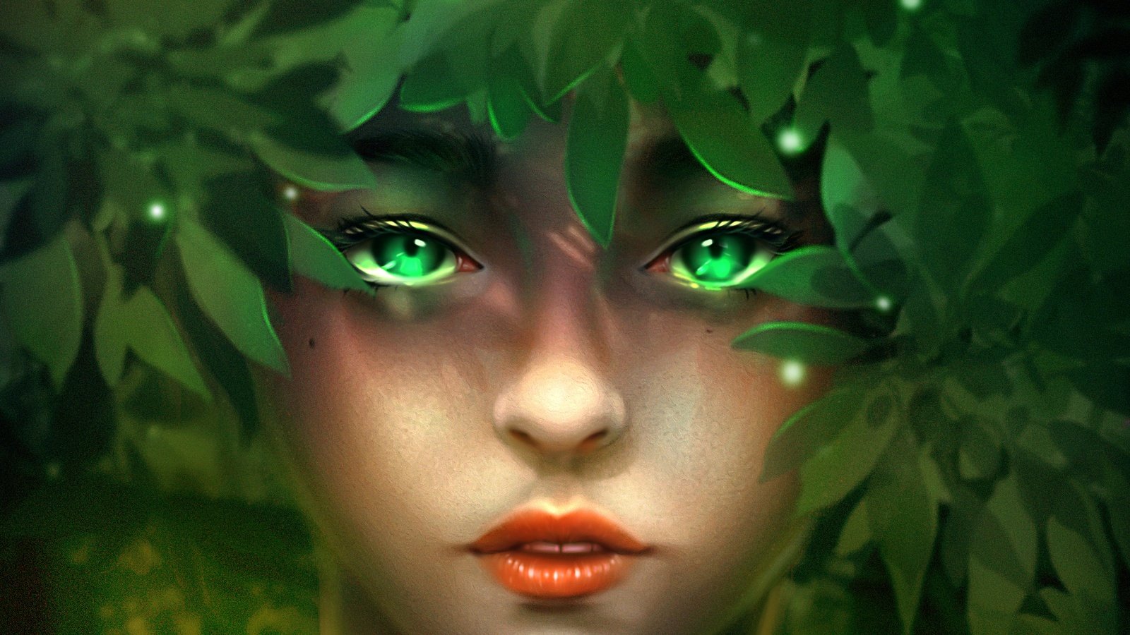 Обои листья, девушка, взгляд, фэнтези, лицо, зеленые глаза, minnhsg, leaves, girl, look, fantasy, face, green eyes разрешение 2054x1800 Загрузить