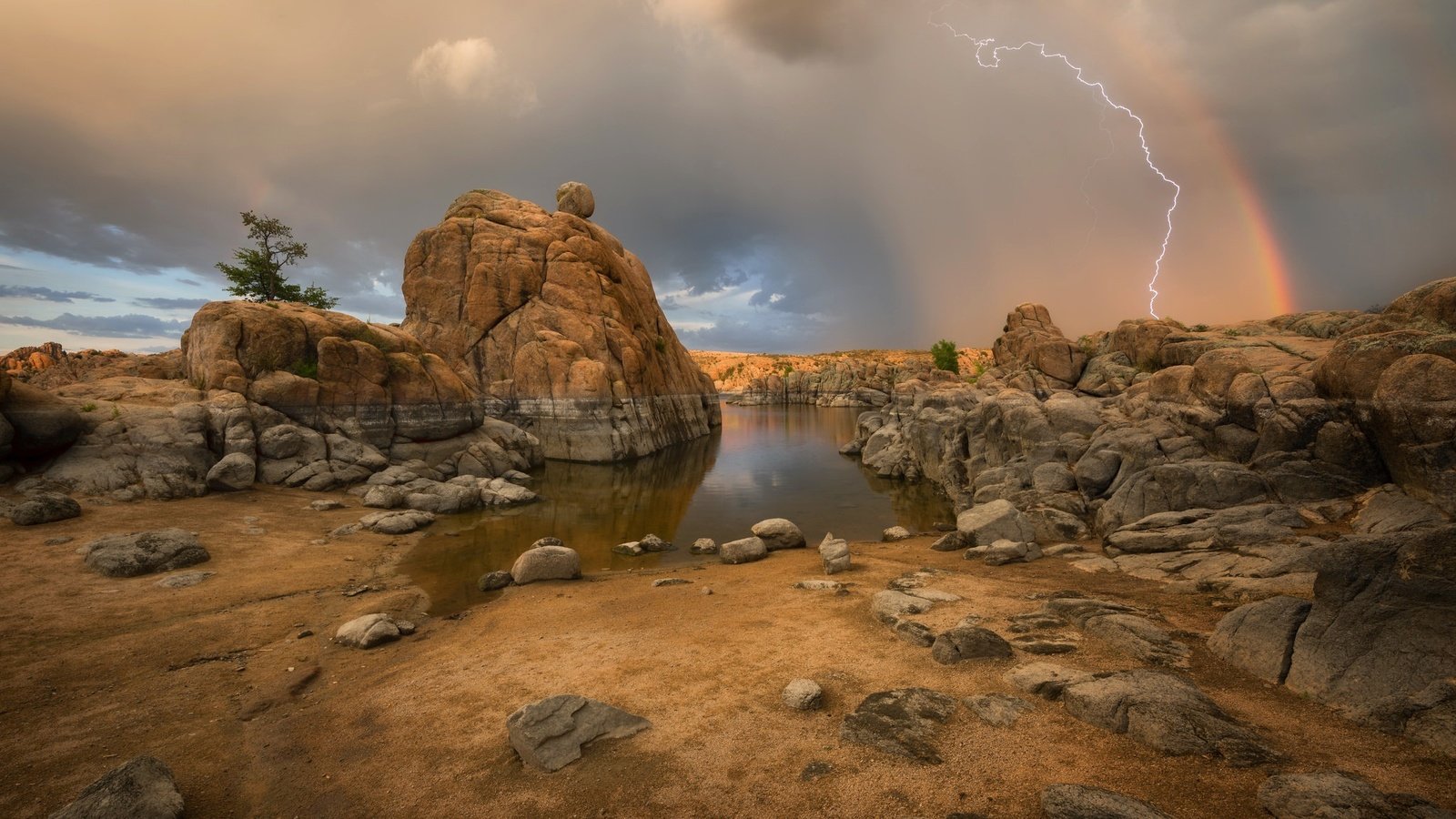 Обои природа, молния, радуга, гроза, шторм, штат аризона, прескотт, watson lake, nature, lightning, rainbow, the storm, storm, arizona, prescott разрешение 2048x1365 Загрузить