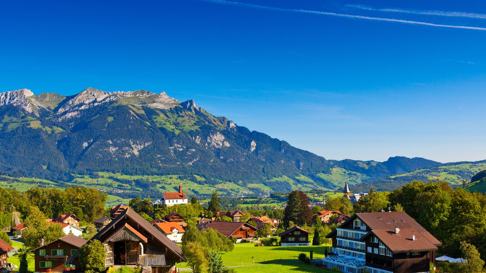 Обои небо, горы, природа, деревня, швейцария, городок, альпы, the sky, mountains, nature, village, switzerland, town, alps разрешение 5294x3530 Загрузить