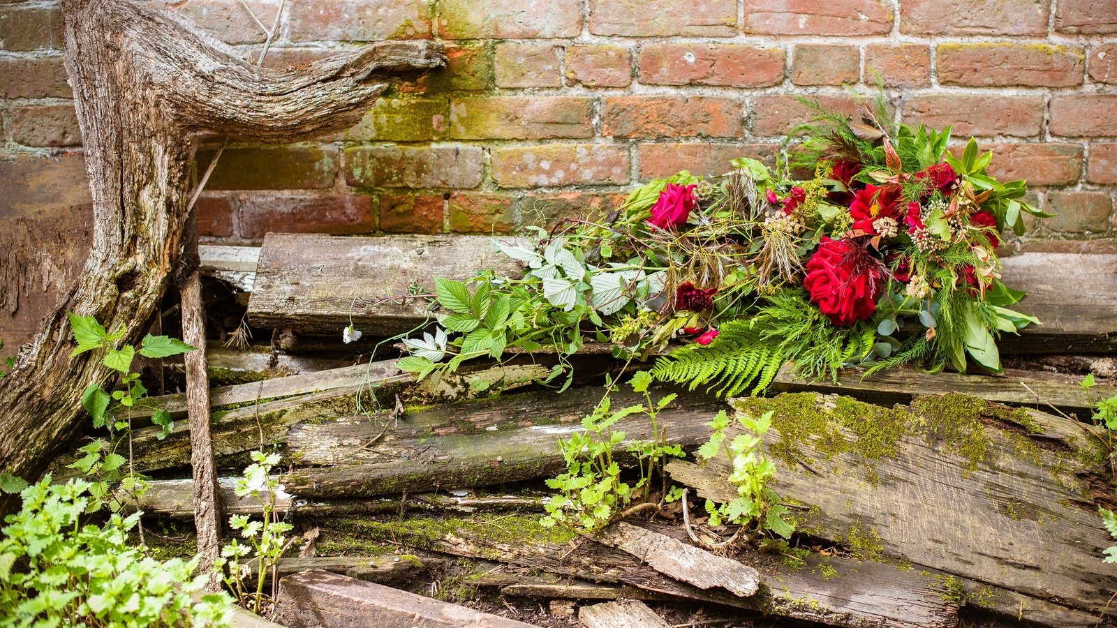 Обои цветы, фон, розы, доски, букет, кирпичная стена, flowers, background, roses, board, bouquet, brick wall разрешение 2048x1367 Загрузить