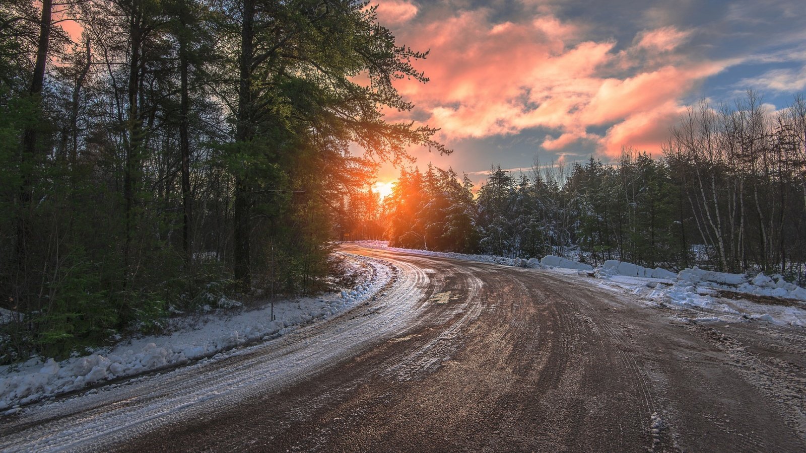 Обои дорога, природа, лес, закат, зима, пейзаж, road, nature, forest, sunset, winter, landscape разрешение 1920x1200 Загрузить