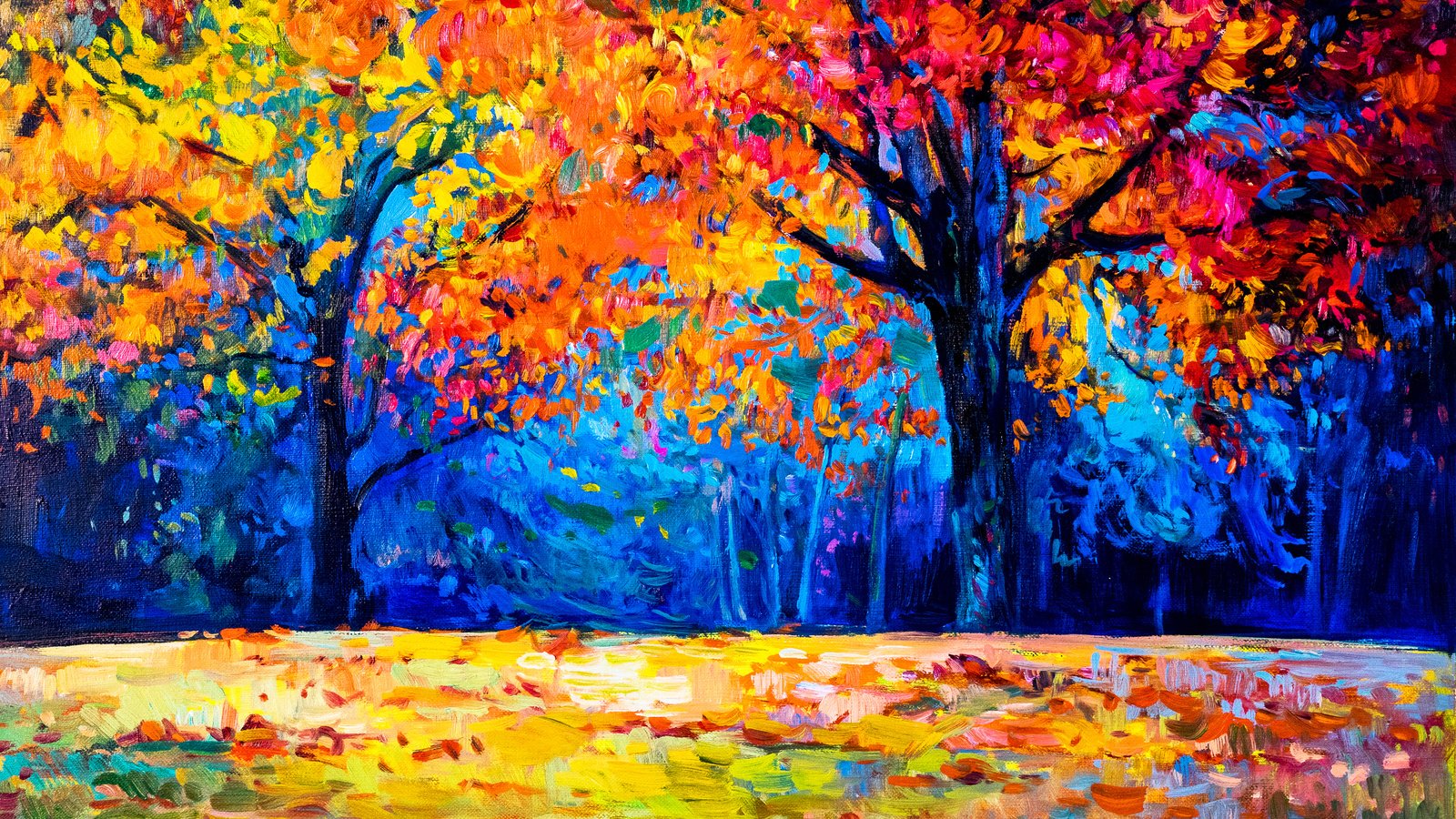 Обои арт, деревья, листья, пейзаж, осень, живопись, art, trees, leaves, landscape, autumn, painting разрешение 3840x2400 Загрузить