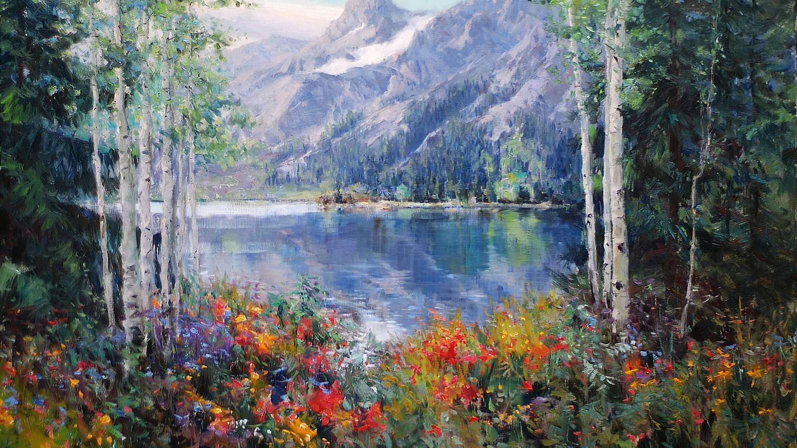 Обои цветы, eric wallis, арт, озеро, горы, лес, пейзаж, березы, живопись, flowers, art, lake, mountains, forest, landscape, birch, painting разрешение 1920x1200 Загрузить