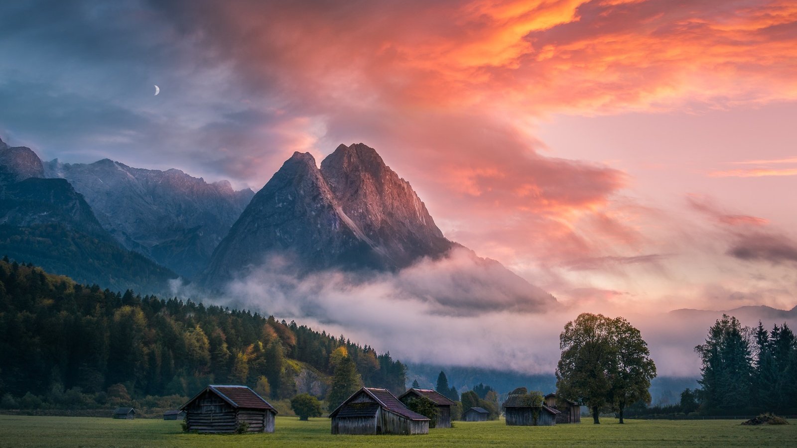 Обои небо, свет, облака, вечер, горы, природа, утро, сараи, the sky, light, clouds, the evening, mountains, nature, morning разрешение 2000x1696 Загрузить