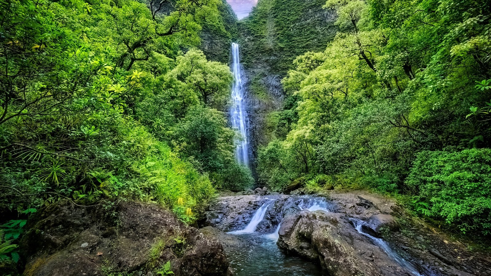 Обои деревья, растительность, горы, обрушивается, скалы, kauai, природа, пейзаж, водопад, речка, гаваи, trees, vegetation, mountains, falls, rocks, nature, landscape, waterfall, river, hawaii разрешение 2048x1366 Загрузить