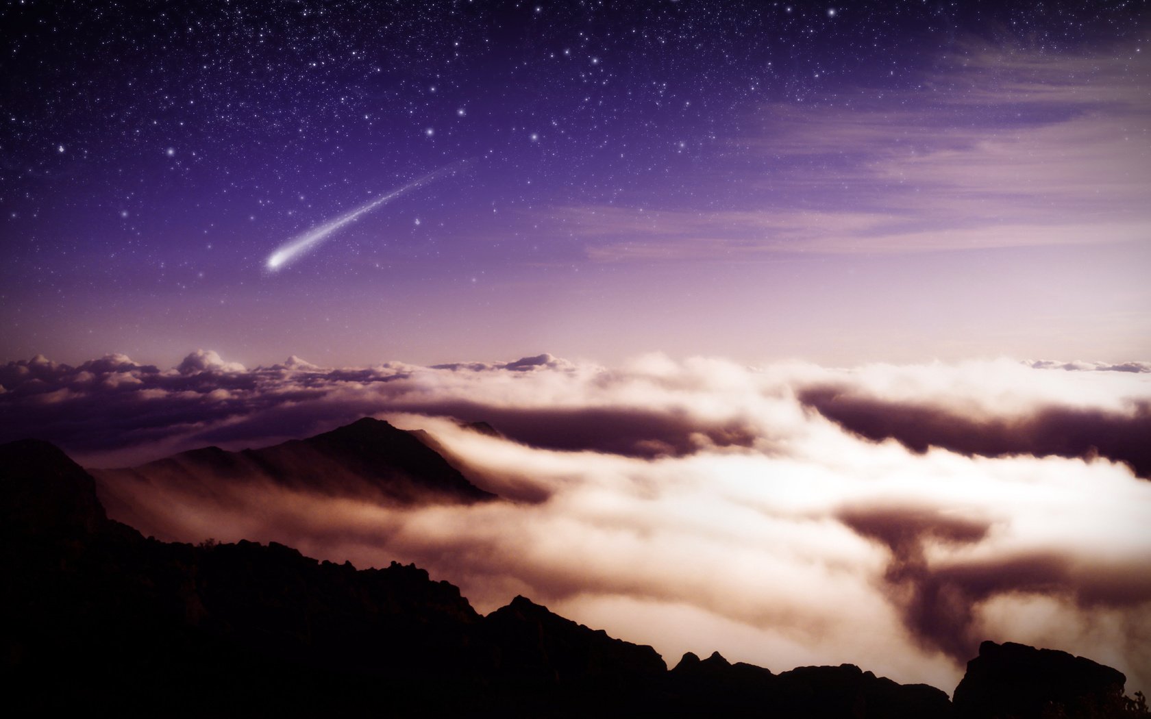 Обои облака, горы, звезды, метеор, clouds, mountains, stars, meteor разрешение 2560x1600 Загрузить