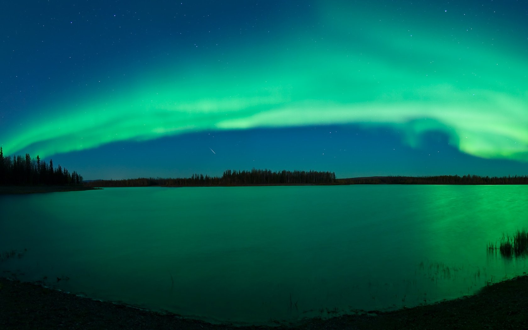 Обои ночь, река, северное сияние, night, river, northern lights разрешение 3360x1320 Загрузить