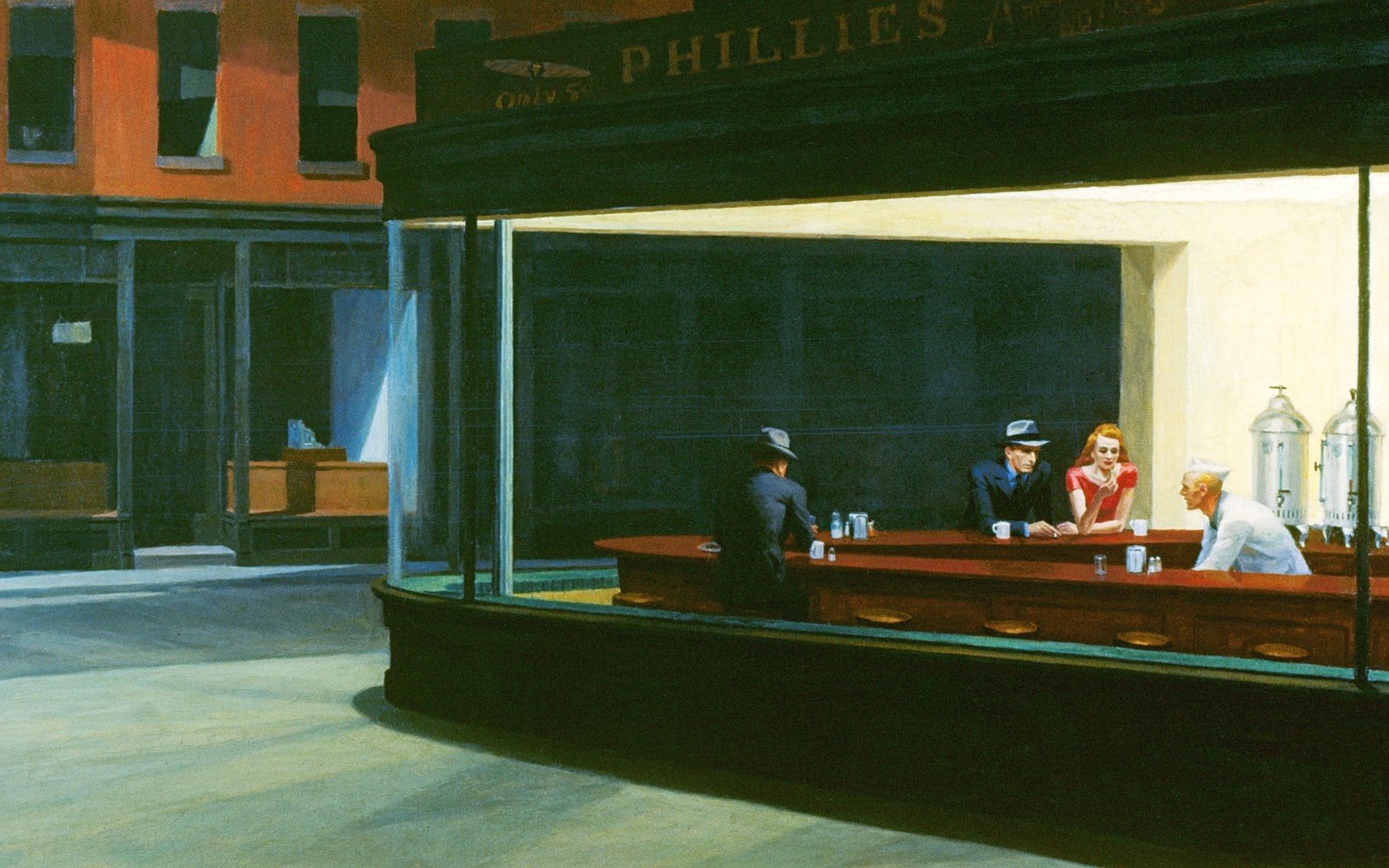 Обои рисунок, кафе, полуночники, эдвард хоппер, nighthawks, figure, cafe, night owls, edward hopper разрешение 2560x1600 Загрузить