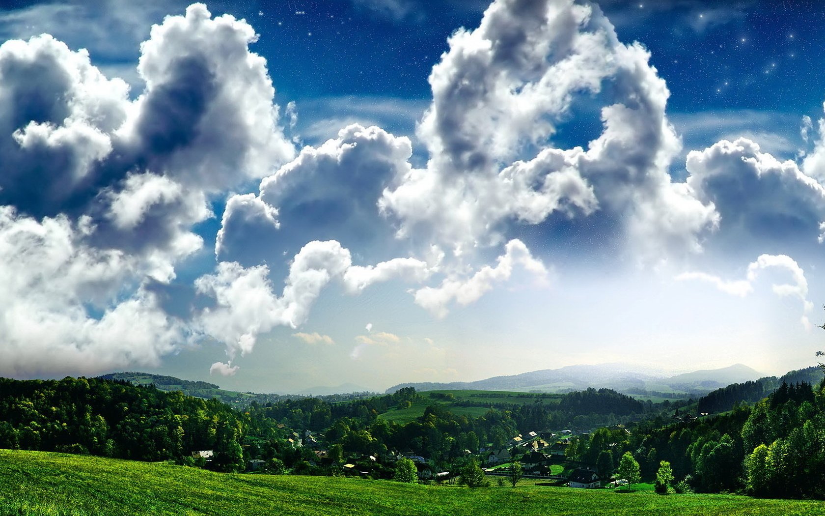Обои небо, трава, облака, деревья, поле, деревушка, the sky, grass, clouds, trees, field, village разрешение 1920x1080 Загрузить