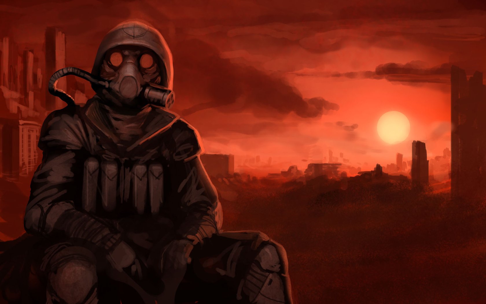 Обои закат, апокалипсис, противогаз, sunset, apocalypse, gas mask разрешение 1920x1200 Загрузить