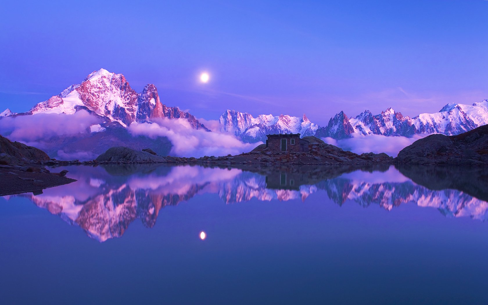 Обои небо, озеро, горы, закат, отражение, франция, альпы, the sky, lake, mountains, sunset, reflection, france, alps разрешение 1920x1200 Загрузить