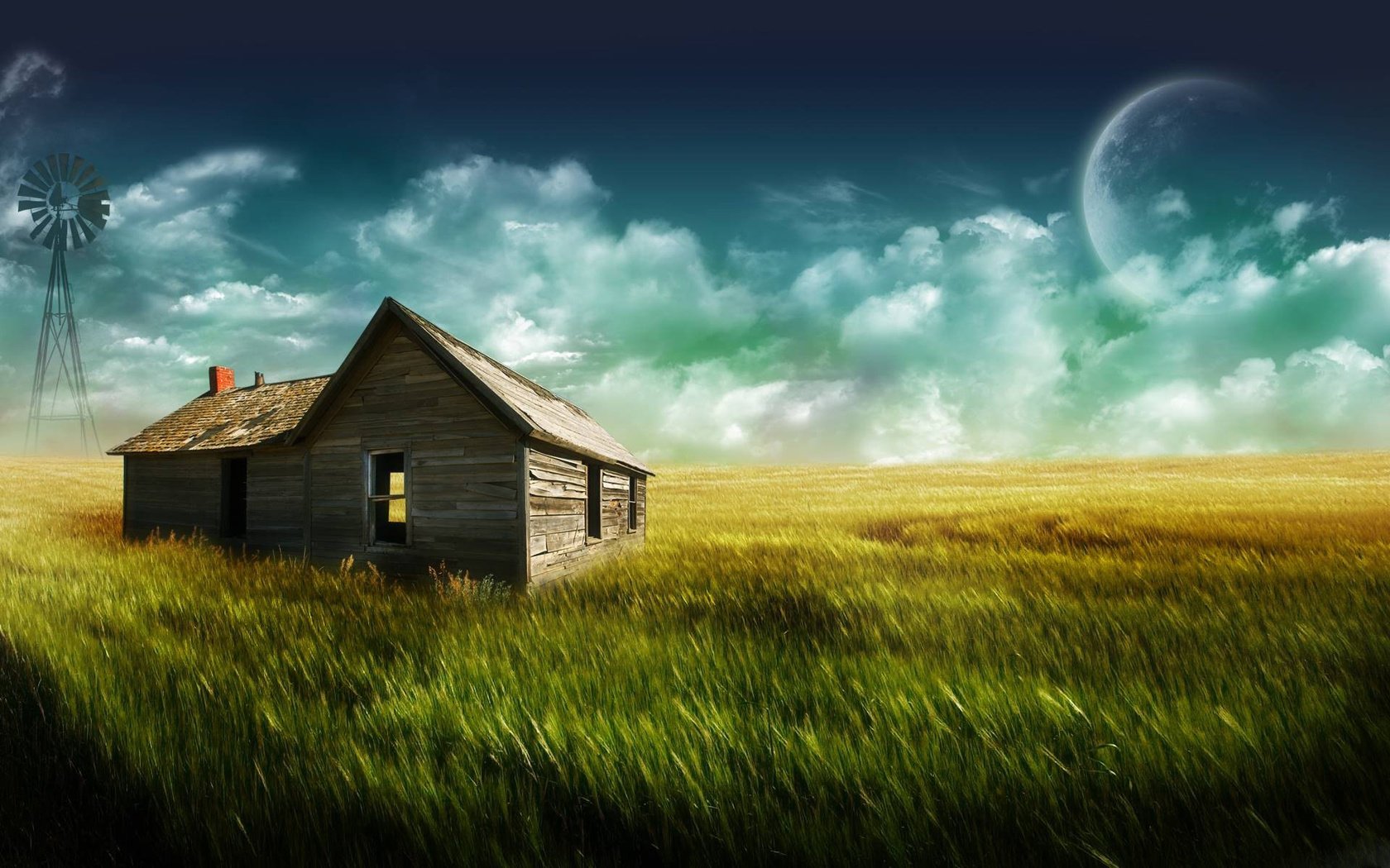 Обои трава, луна, дом, одинокий дом, grass, the moon, house разрешение 1920x1200 Загрузить