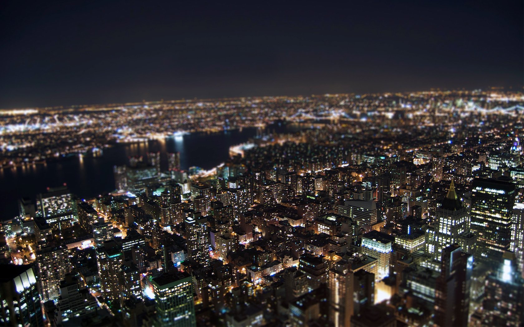 Обои ночь, огни, нью-йорк, tilt-shift эффект, night, lights, new york, the tilt-shift effect разрешение 2560x1600 Загрузить