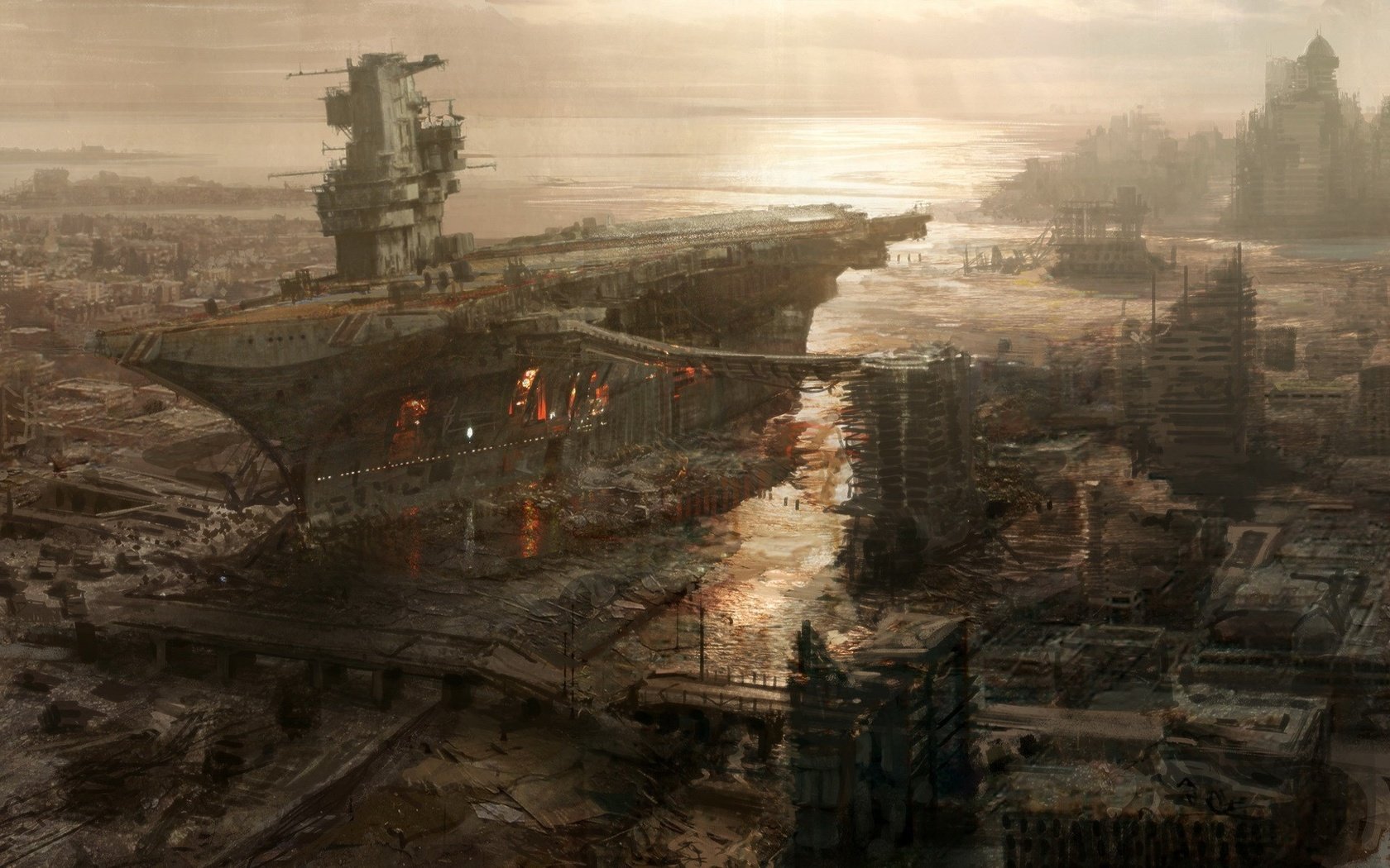 Обои рисунок, корабль, город, авианосец, разрушение, fallout 3, figure, ship, the city, the carrier, destruction разрешение 1920x1200 Загрузить