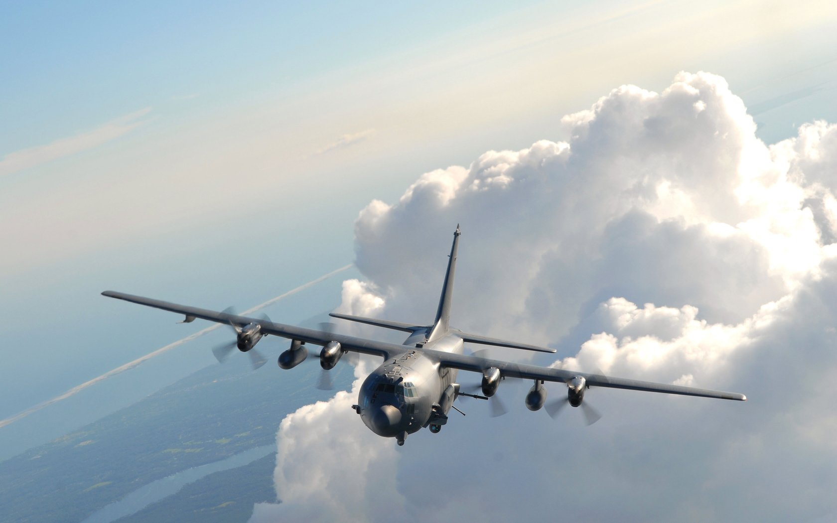 Обои небо, облака, самолет, полет, lockheed ac-130u spooky, the sky, clouds, the plane, flight разрешение 3872x2592 Загрузить