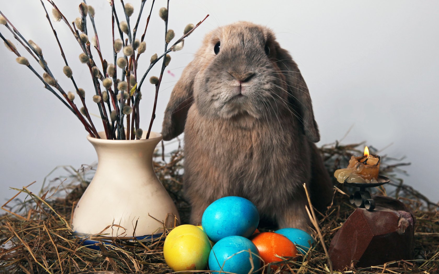 Обои кролик, свеча, пасха, яйца, солома, верба, rabbit, candle, easter, eggs, straw, verba разрешение 4302x3264 Загрузить