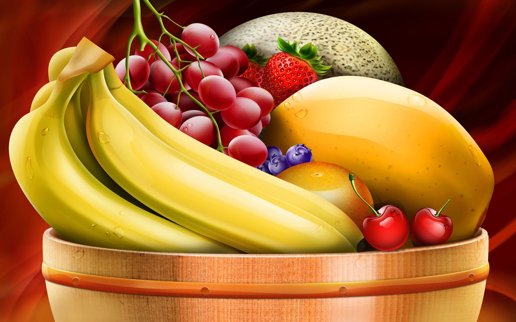 Обои виноград, бананы, миска с фруктами, grapes, bananas, a bowl of fruit разрешение 1920x1200 Загрузить