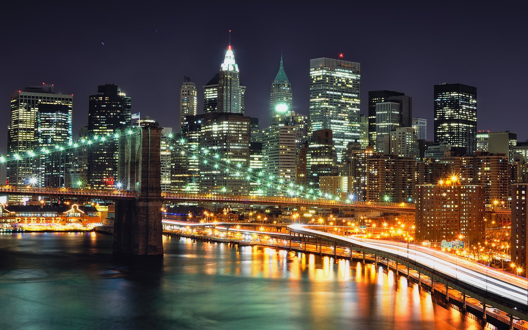 Обои ночь, огни, мост, небоскребы, нью-йорк, nyc, ноч, night, lights, bridge, skyscrapers, new york разрешение 2000x1333 Загрузить