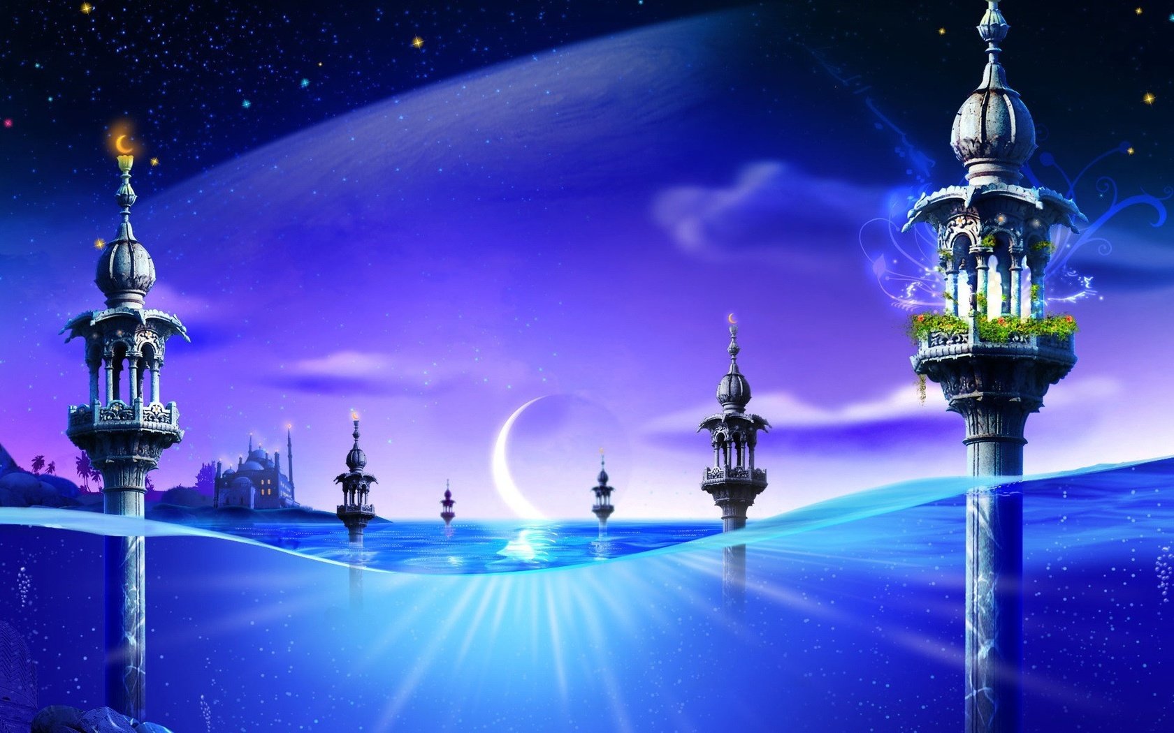 Обои вода, синий, луна, фантазия, башни, water, blue, the moon, fantasy, tower разрешение 1920x1440 Загрузить