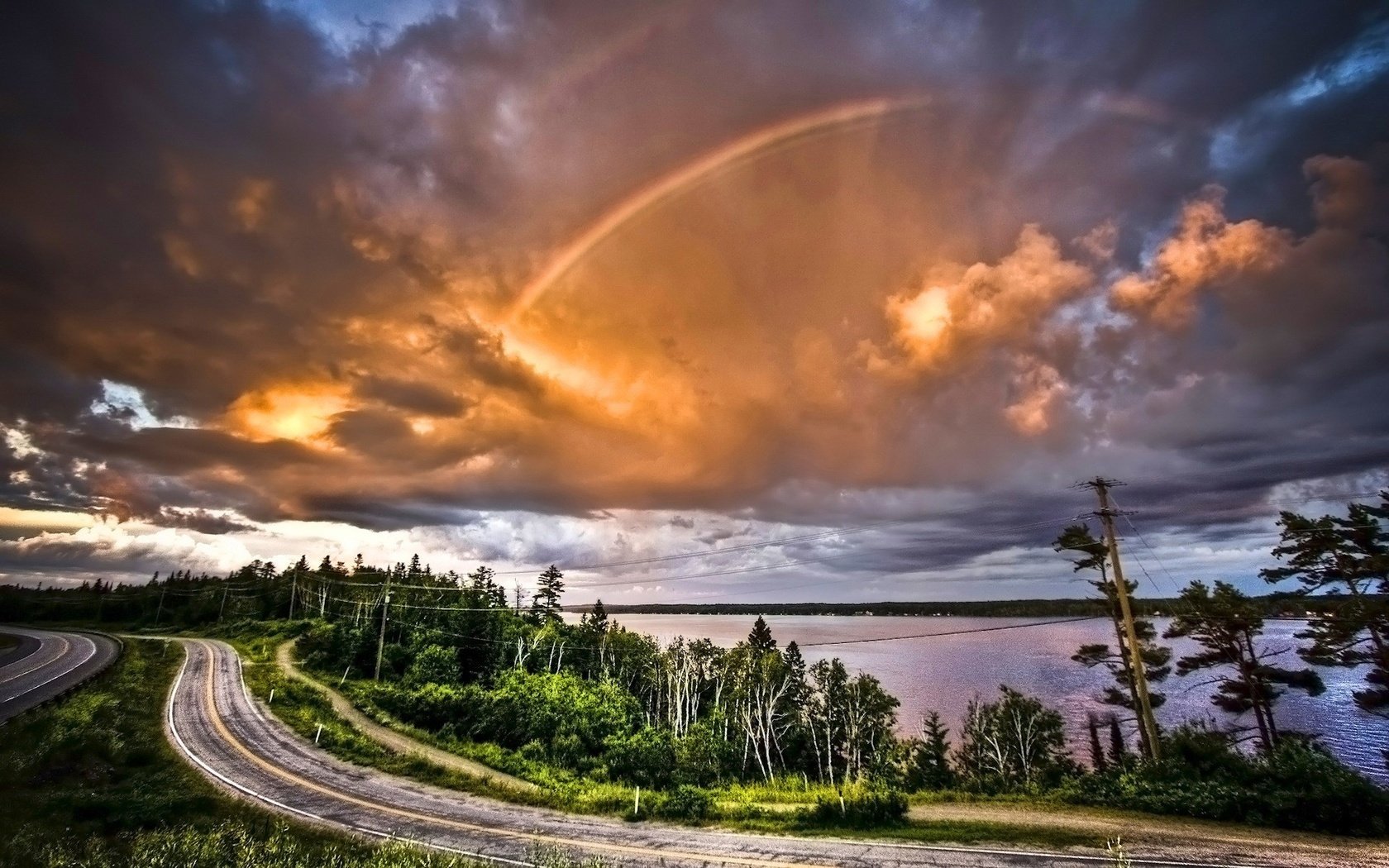 Обои дорога, облака, деревья, радуга, road, clouds, trees, rainbow разрешение 1920x1200 Загрузить