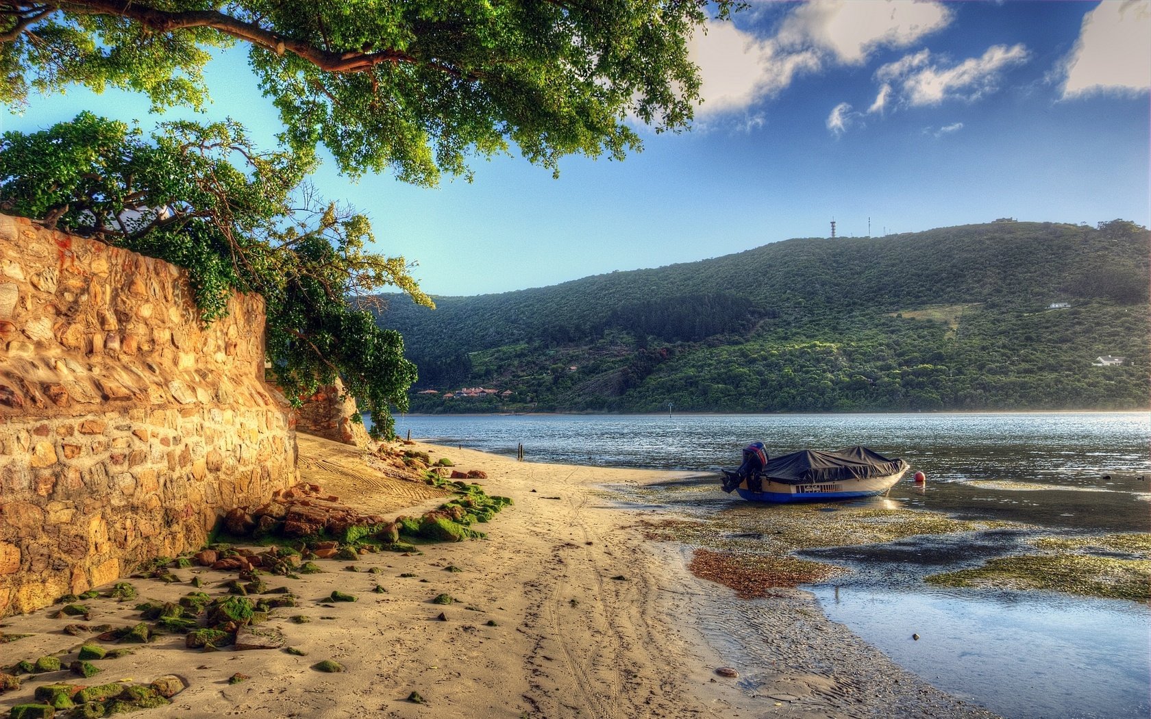 Обои деревья, вода, река, природа, берег, пейзаж, песок, лодка, trees, water, river, nature, shore, landscape, sand, boat разрешение 2560x1600 Загрузить