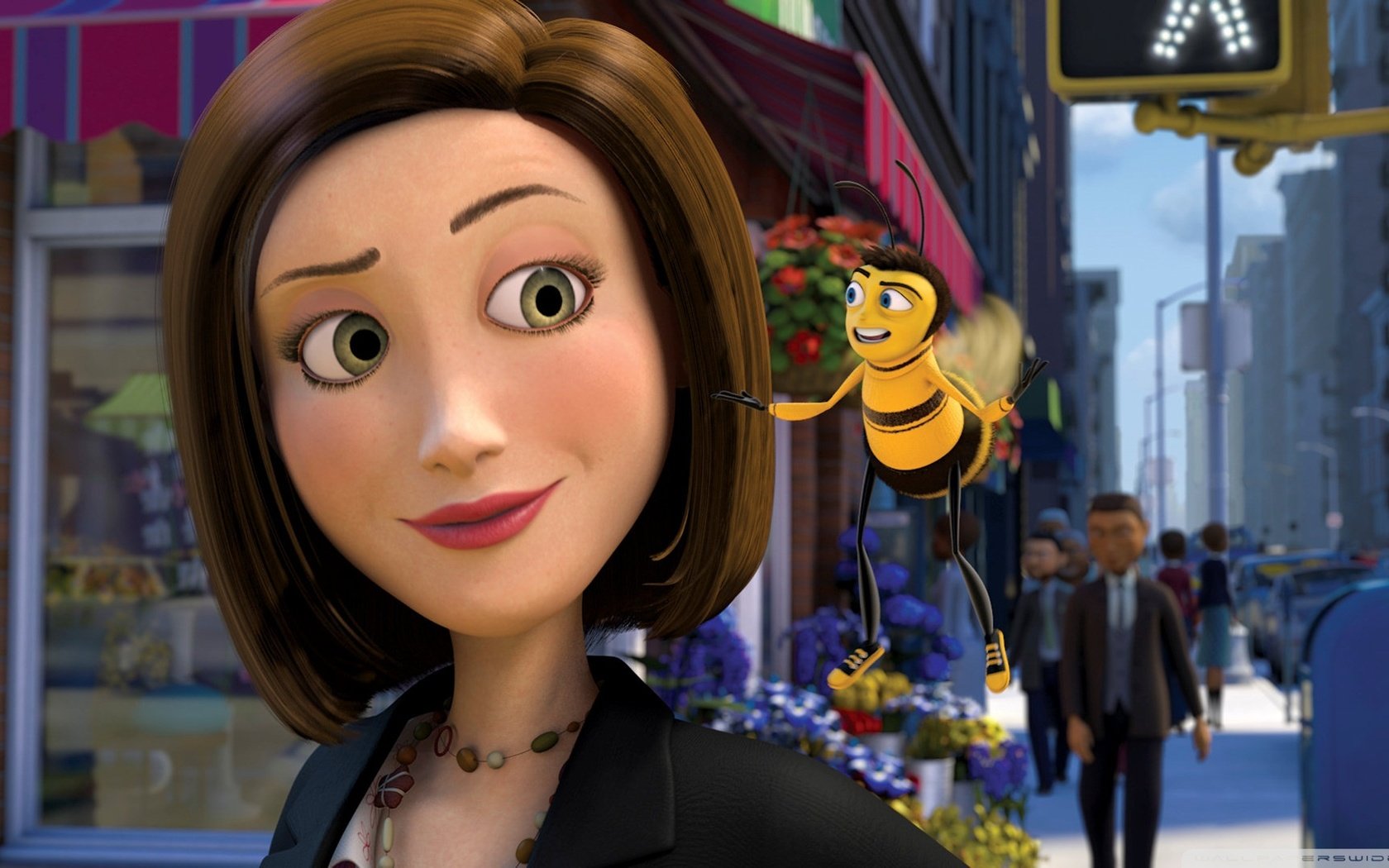 Обои город, пчела, женщина, би муви, би муви: медовый заговор, the city, bee, woman, bee movie, bee movie: honey conspiracy разрешение 1920x1080 Загрузить