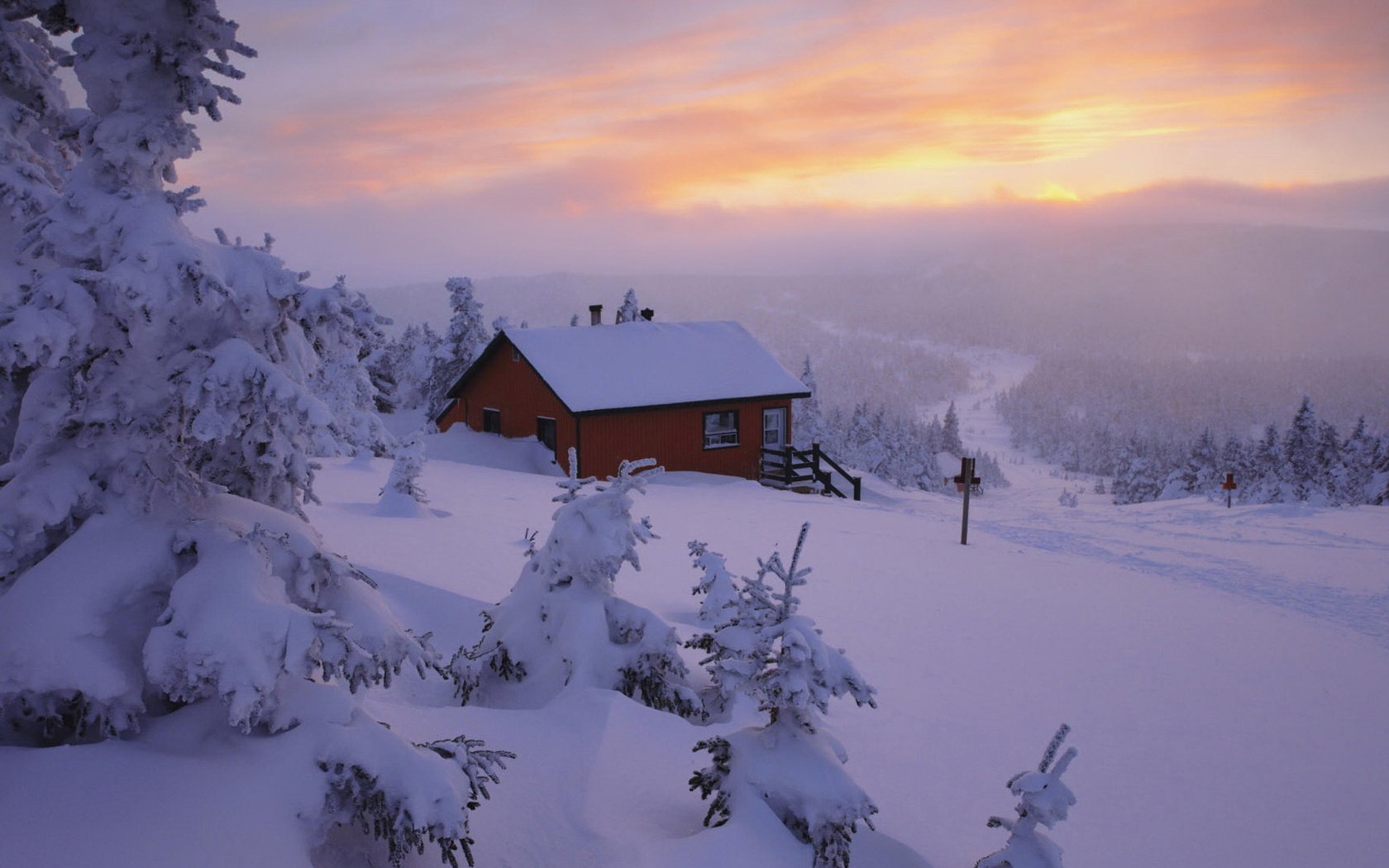 Обои небо, снег, природа, закат, зима, пейзаж, дом, the sky, snow, nature, sunset, winter, landscape, house разрешение 1920x1080 Загрузить