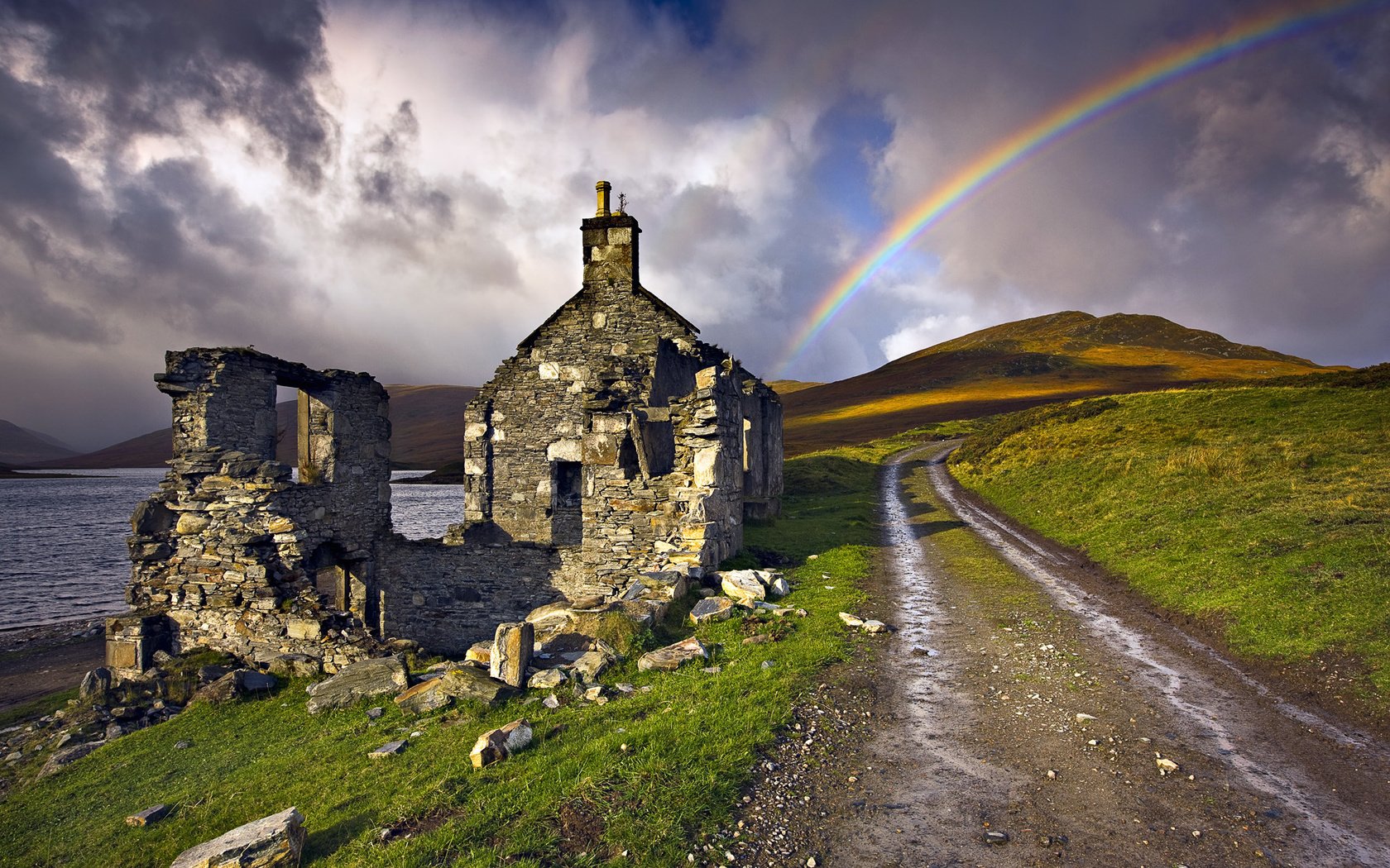 Обои дорога, природа, радуга, руины, шотландия, road, nature, rainbow, ruins, scotland разрешение 1920x1200 Загрузить