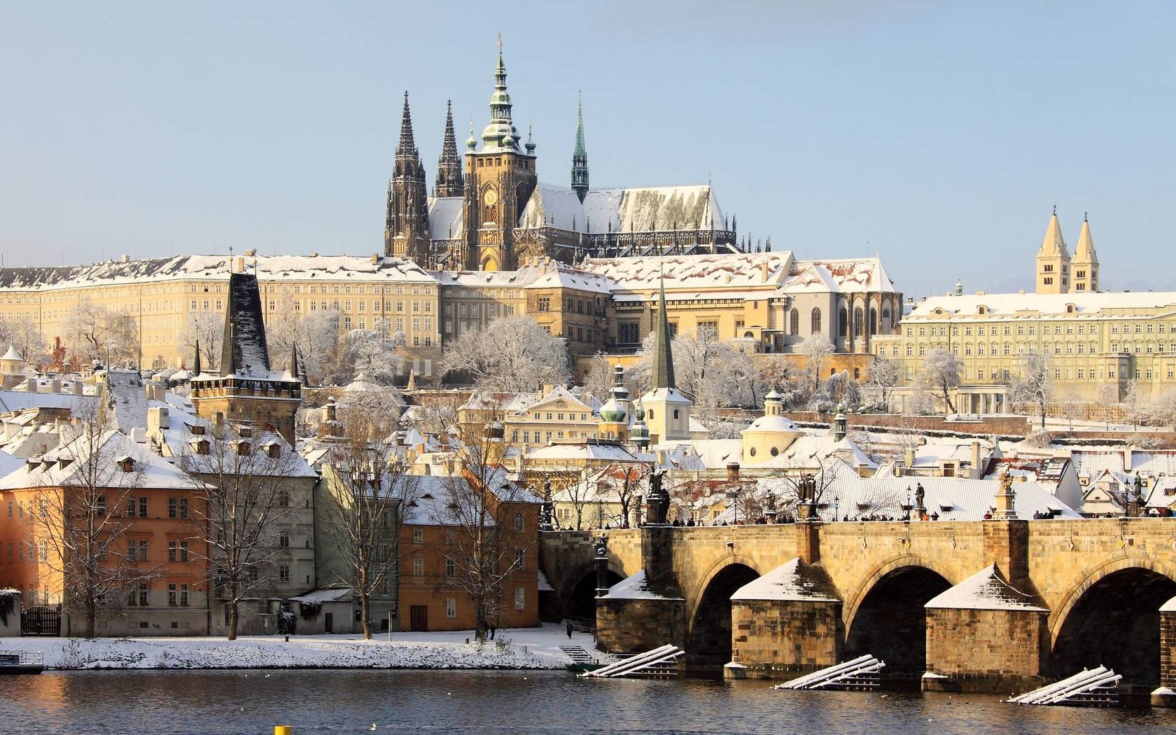 Обои зима, мост, прага, чехия, старый город, winter, bridge, prague, czech republic, old town разрешение 1920x1200 Загрузить