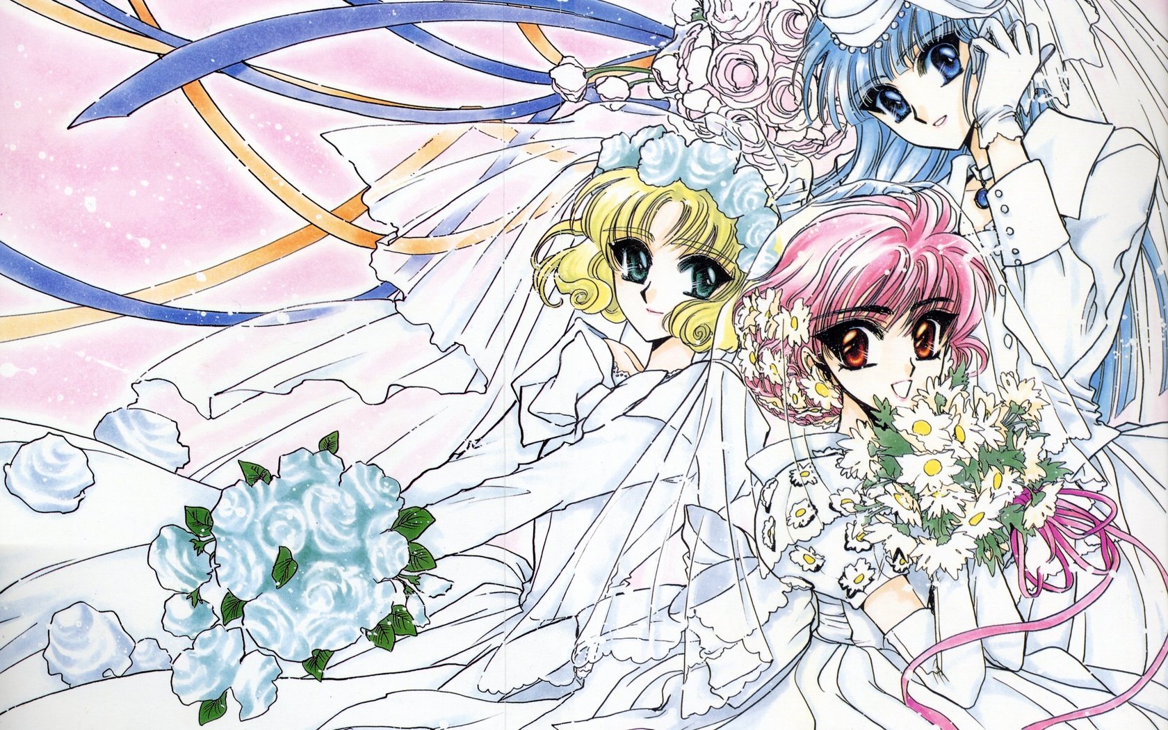 Обои венчание, clamp, hoouji fuu, magic knight rayearth, ryuuzaki umi, shidou hikaru, wedding разрешение 4035x2980 Загрузить