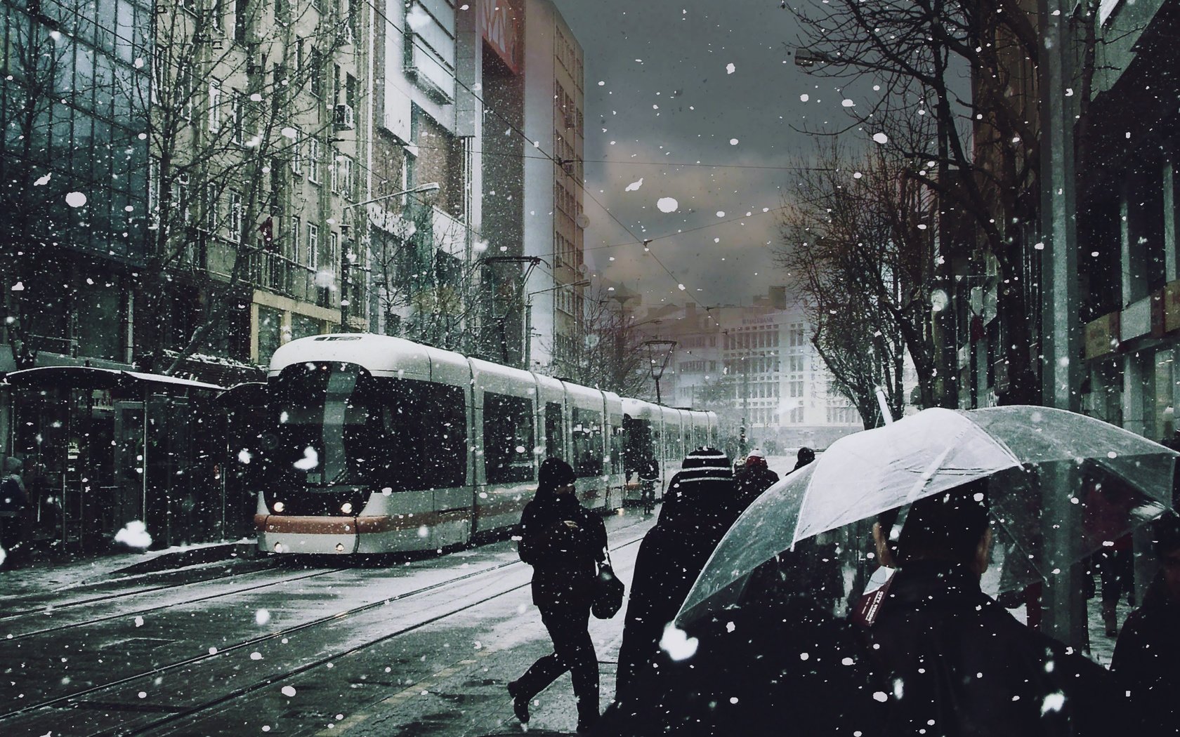 Обои снег, люди, трамвай, зонты, snow, people, tram, umbrellas разрешение 1920x1200 Загрузить