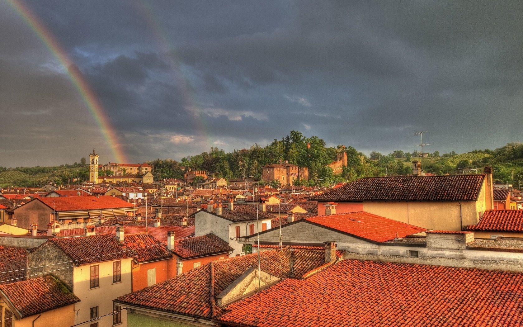 Обои радуга, здания, крыши, rainbow, building, roof разрешение 3629x2412 Загрузить