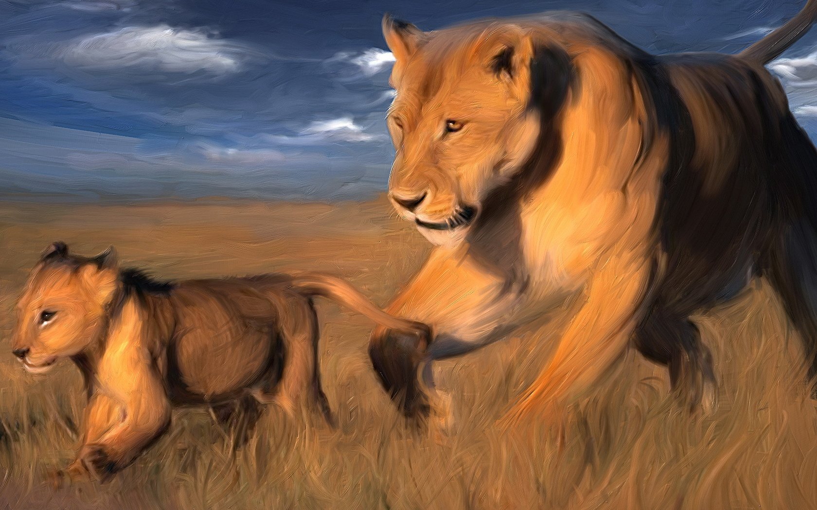 Обои львица, львёнок, саванна, lioness, lion, savannah разрешение 1920x1080 Загрузить