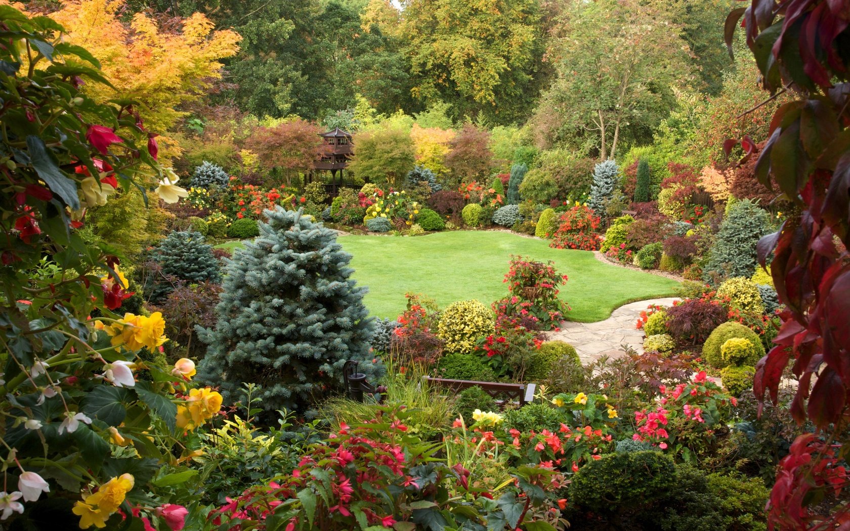 Обои цветы, скамейка, релакс, полянка, японский садик, flowers, bench, relax, clearing, japanese garden разрешение 2500x1667 Загрузить