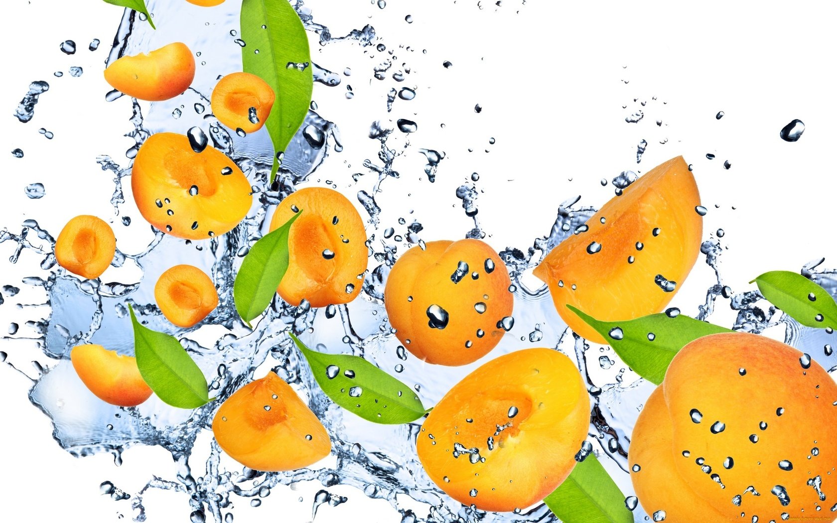 Обои вода, капли, свежесть, фрукты, брызги, оранжевый, абрикос, water, drops, freshness, fruit, squirt, orange, apricot разрешение 2560x1600 Загрузить