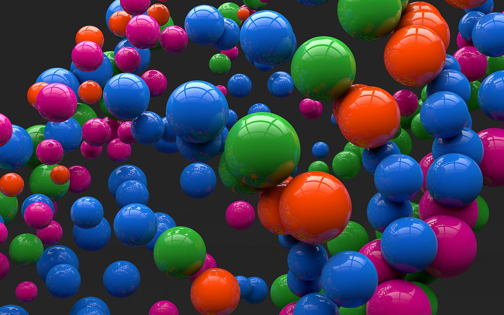 Обои арт, шары, отражение, разноцветные, шарики, серый фон, цветные, сферы, art, balls, reflection, colorful, grey background, colored, sphere разрешение 2560x1440 Загрузить