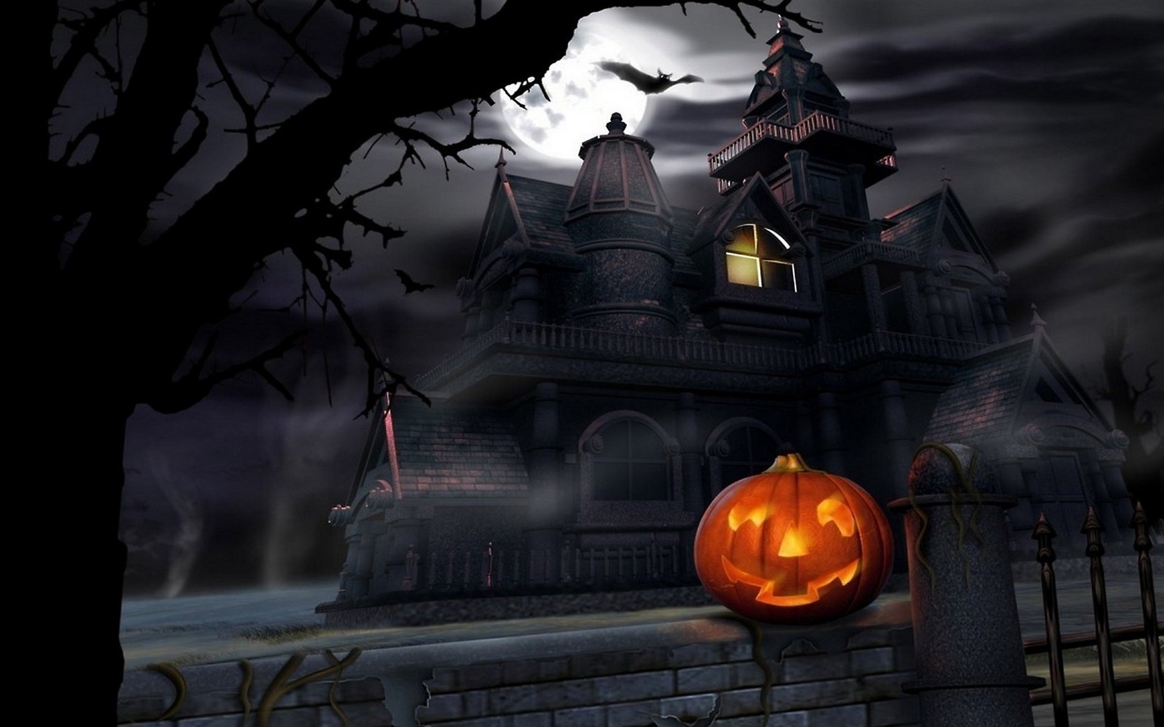 Обои тыква и мрачный замок, pumpkin and dark castle разрешение 2560x1440 Загрузить