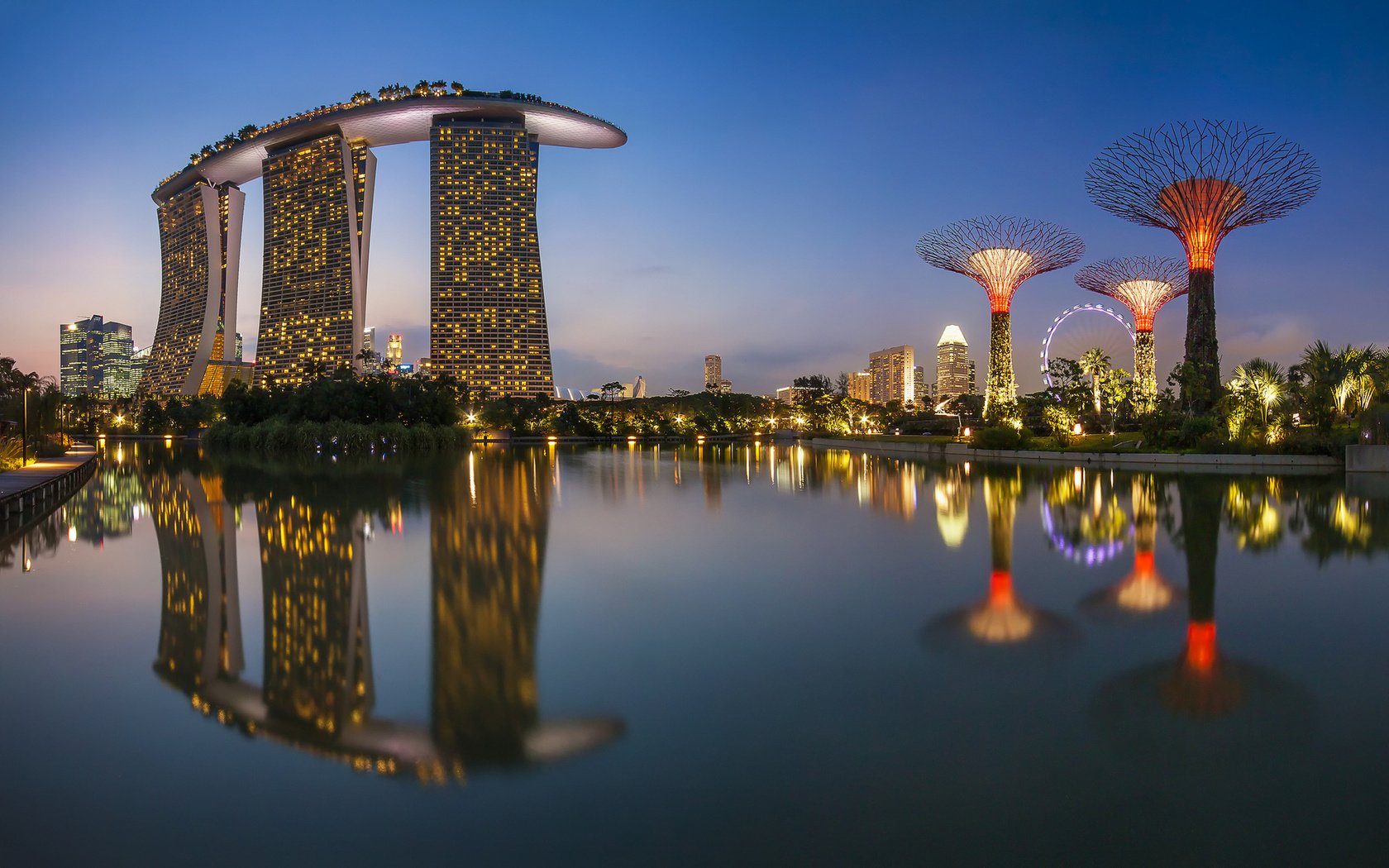 Обои ночь, огни, отражение, море, город, здания, сингапур, night, lights, reflection, sea, the city, building, singapore разрешение 1920x1200 Загрузить