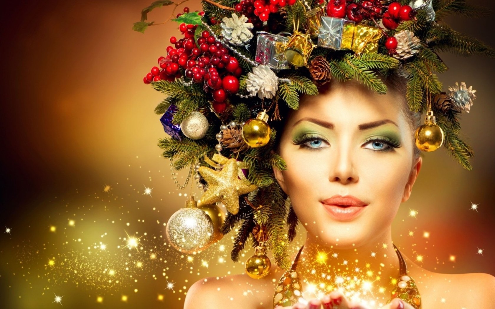 Обои новый год, магия, елка, венок, девушка, новогодние украшения, взгляд, лицо, праздники, макияж, рождество, new year, magic, tree, wreath, girl, christmas decorations, look, face, holidays, makeup, christmas разрешение 1920x1080 Загрузить