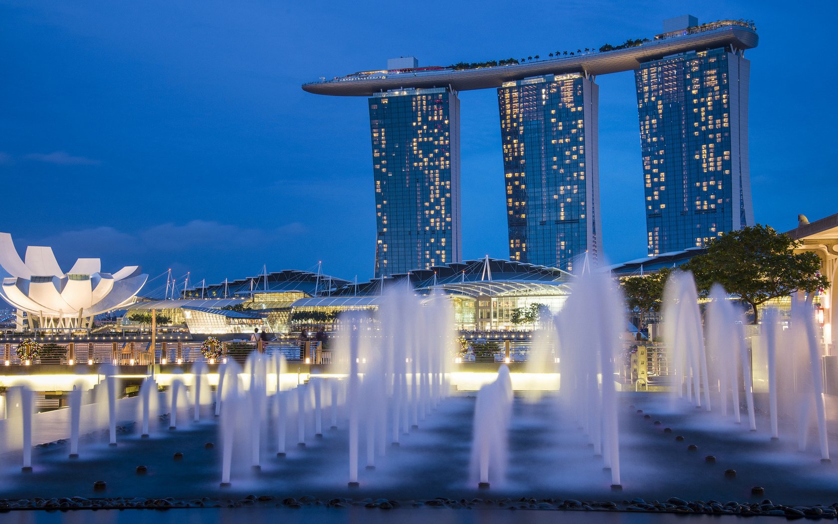 Обои огни, архитектура, голубая, фонтаны, неба, высотки, сингапур, gardens by the bay, ноч, night, lights, architecture, blue, fountains, sky, skyscrapers, singapore разрешение 1920x1080 Загрузить