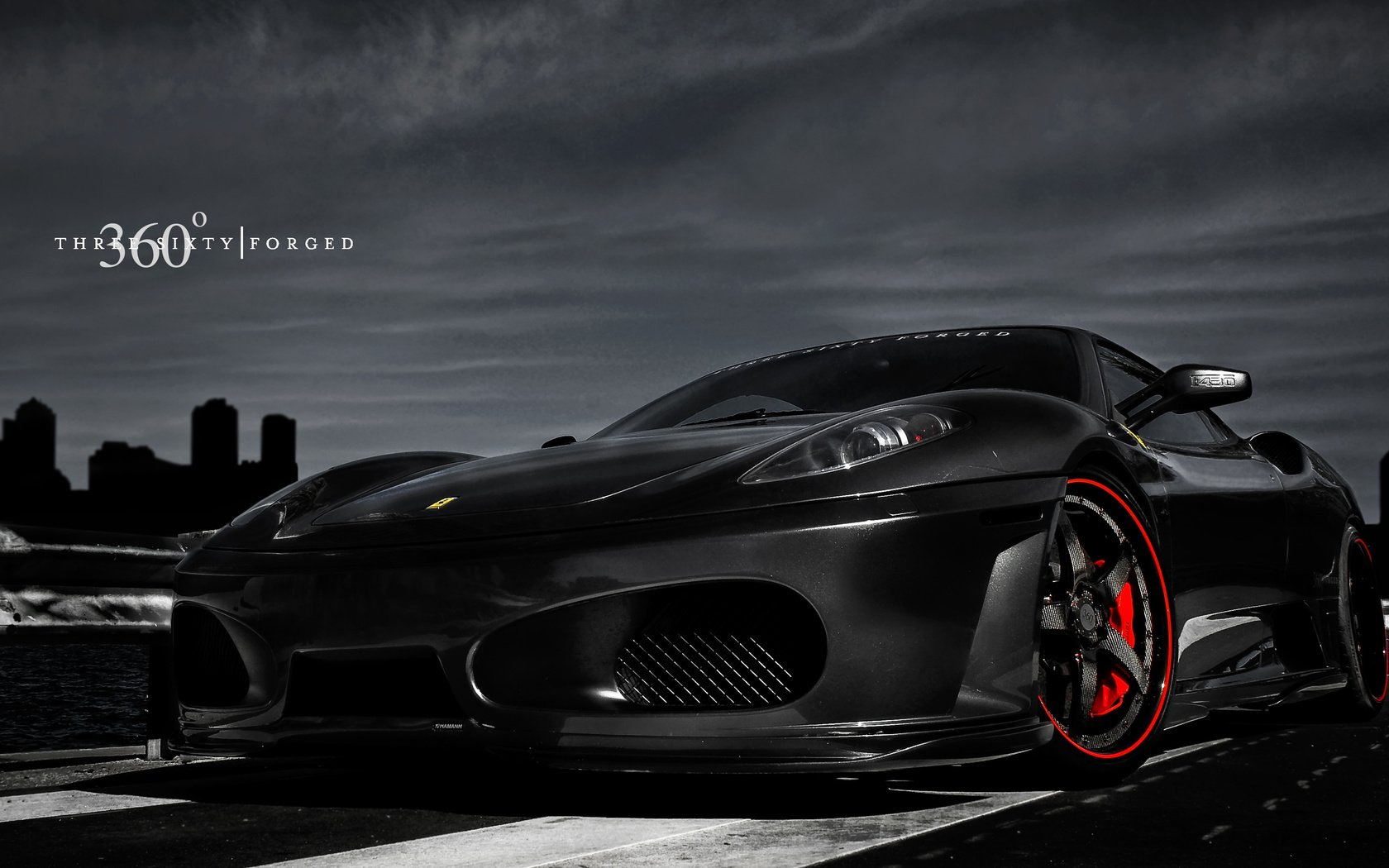 Обои небо, ночь, город, черный ferrari, ferrari f-430, 360 forged, the sky, night, the city, black ferrari разрешение 2560x1600 Загрузить