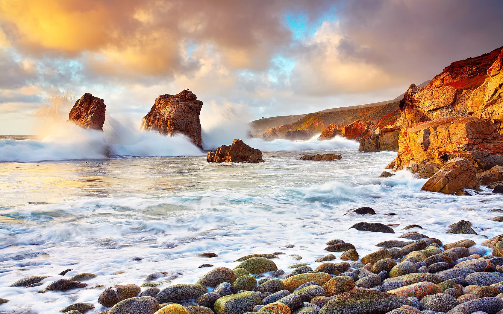 Обои облака, скалы, камни, волны, океан, сша, калифорния, clouds, rocks, stones, wave, the ocean, usa, ca разрешение 1920x1200 Загрузить