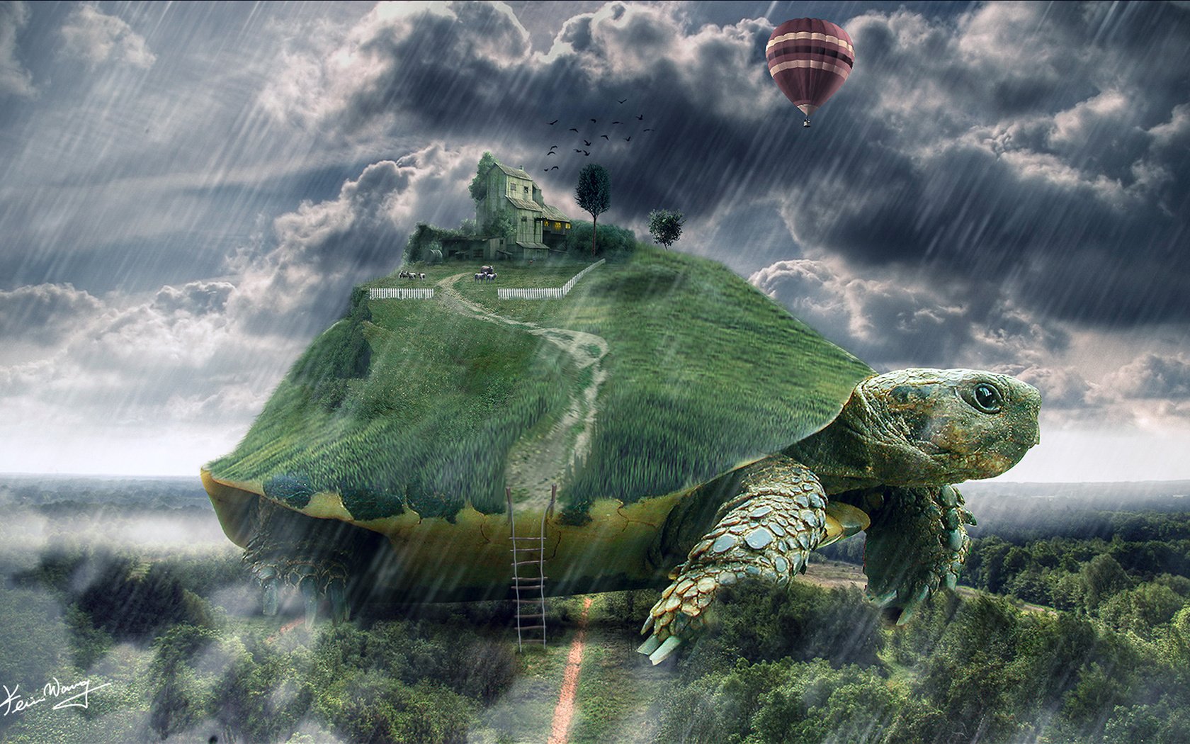 Обои арт, лестница, черепаха, дом, дождь, гигантская, art, ladder, turtle, house, rain, giant разрешение 1920x1200 Загрузить