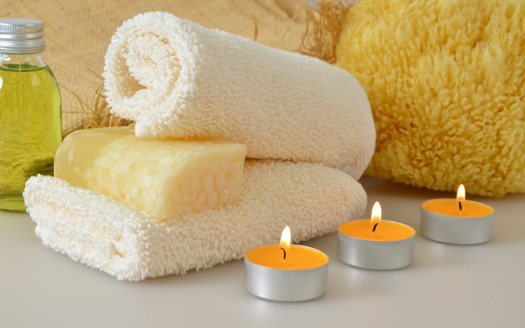 Обои свечи, полотенце, спа, мыло, гель для душа, мочалка, candles, towel, spa, soap, shower gel, washcloth разрешение 5466x3600 Загрузить